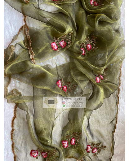 Military Green Rose Dupatta - kreationbykj