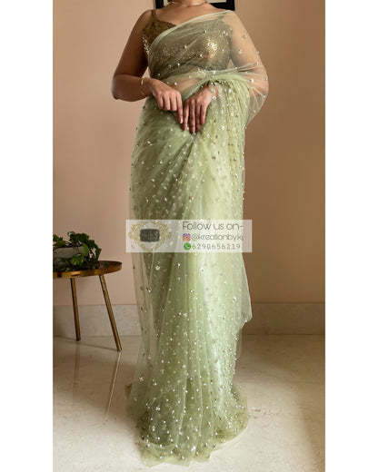 Jugnoo Green Net Saree - kreationbykj