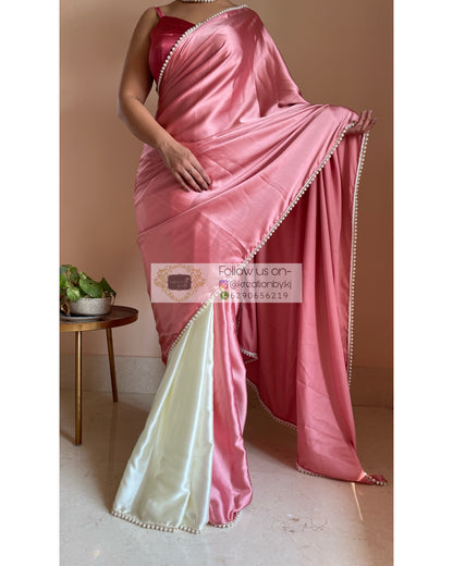 Strawberry Vanilla Two in One Satin Saree - kreationbykj