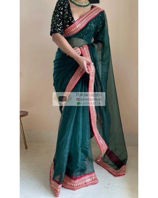 Bottle Green Organza with Red Border - kreationbykj