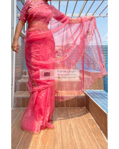 Remember the Roses Pink Glass Tissue Saree - kreationbykj