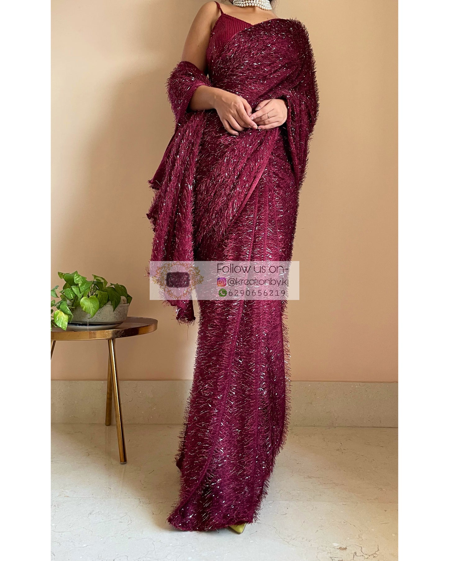 Sofia Burgundy Fur Saree - kreationbykj