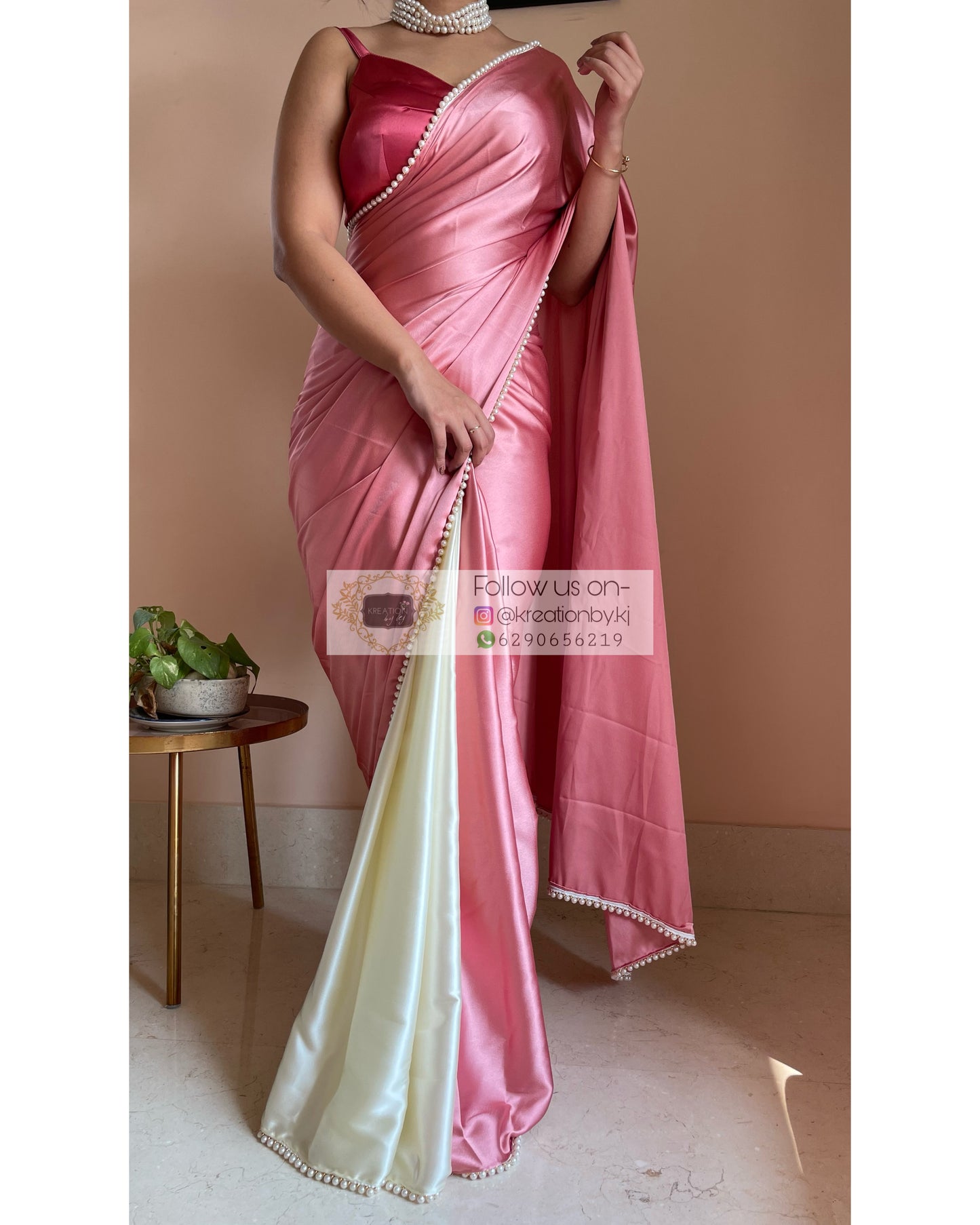 Strawberry Vanilla Two in One Satin Saree - kreationbykj