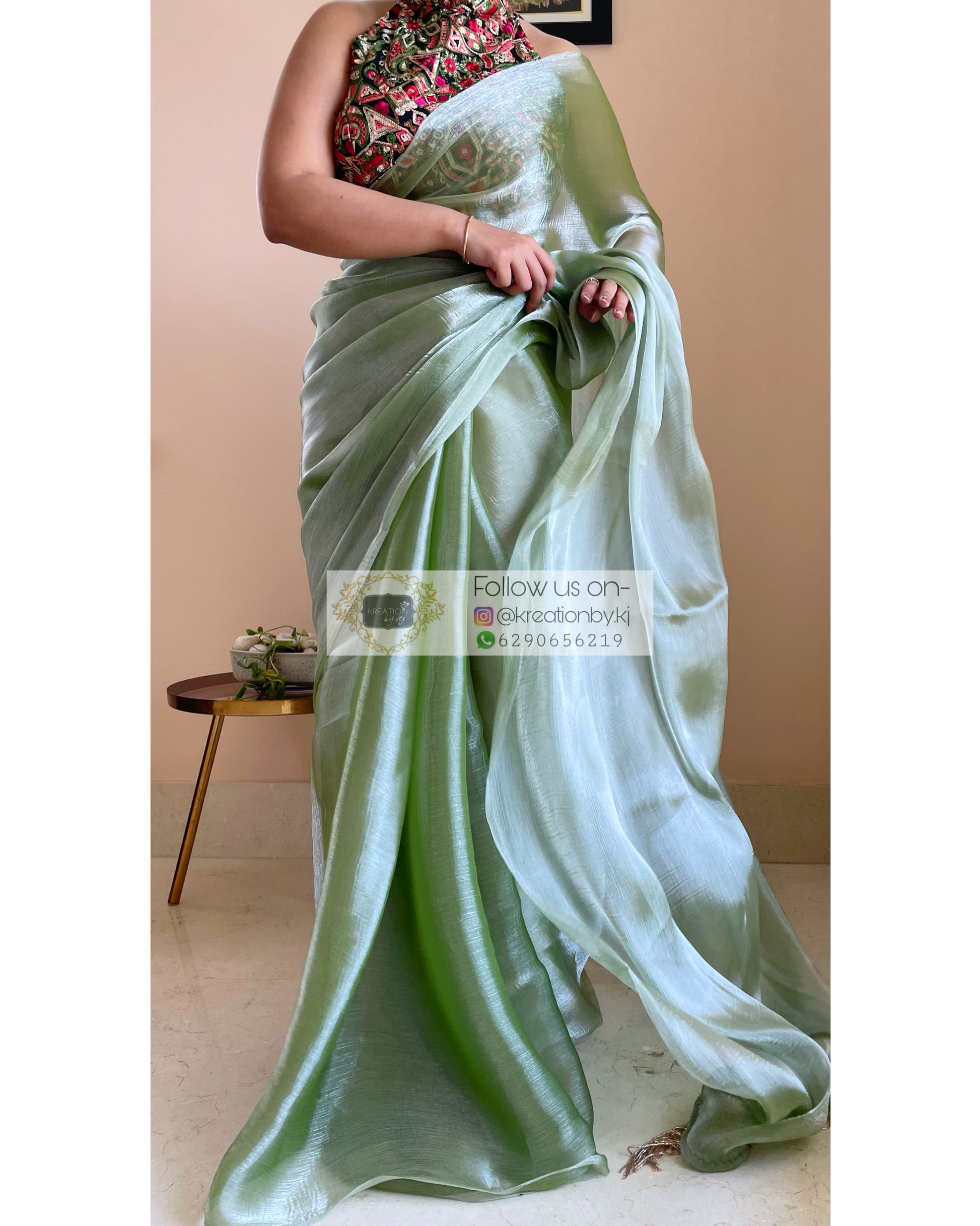 Light green organza saree with blouse 1406