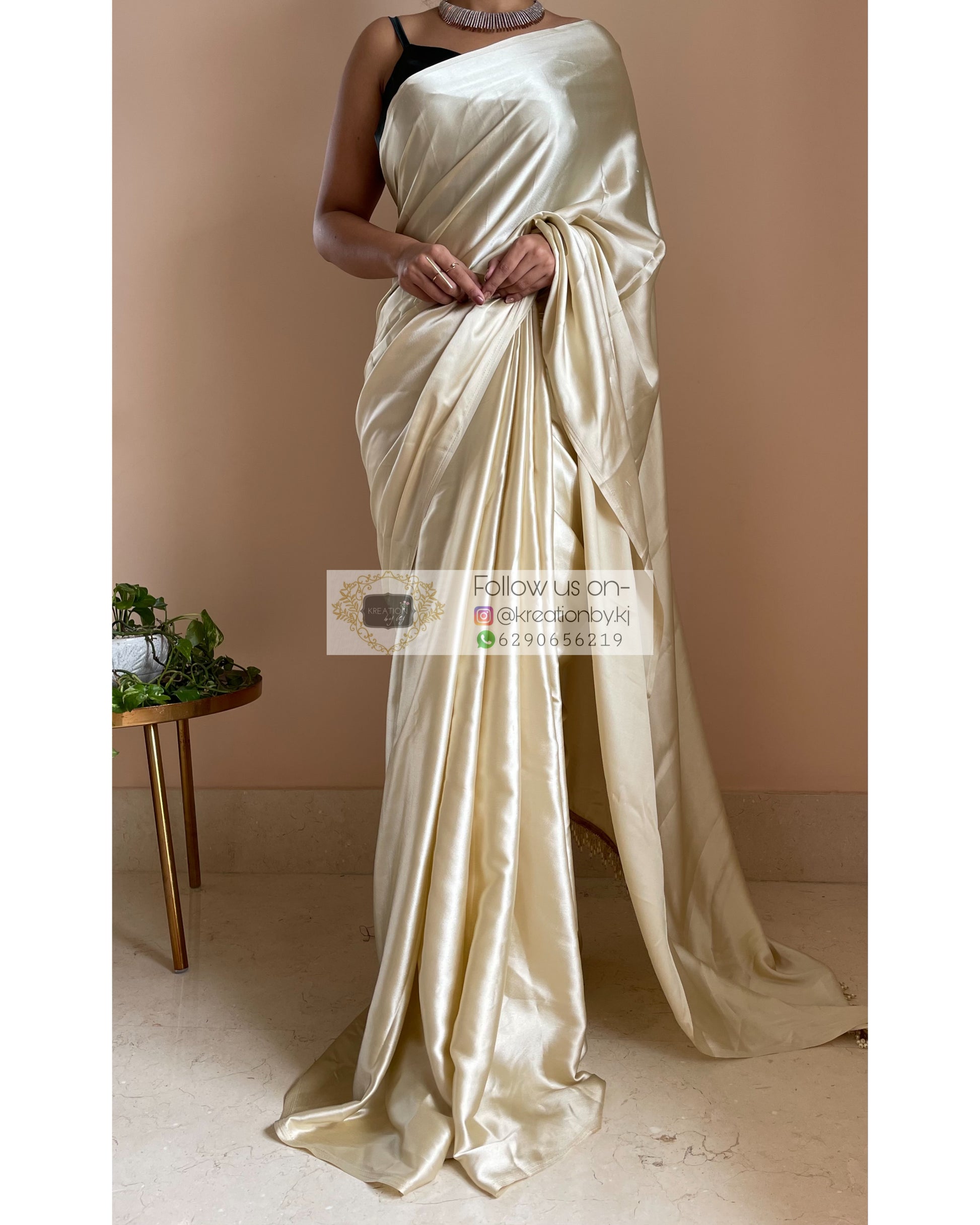 Ivory Satin Silk Saree With Handmade Tassels on Pallu - kreationbykj