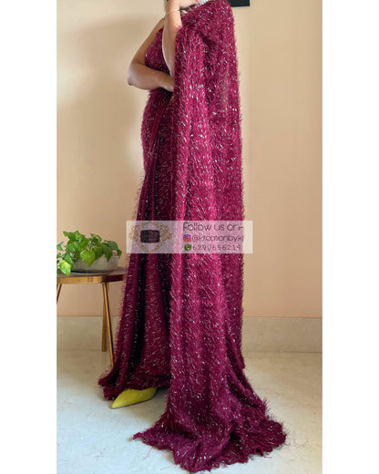 Sofia Burgundy Fur Saree - kreationbykj