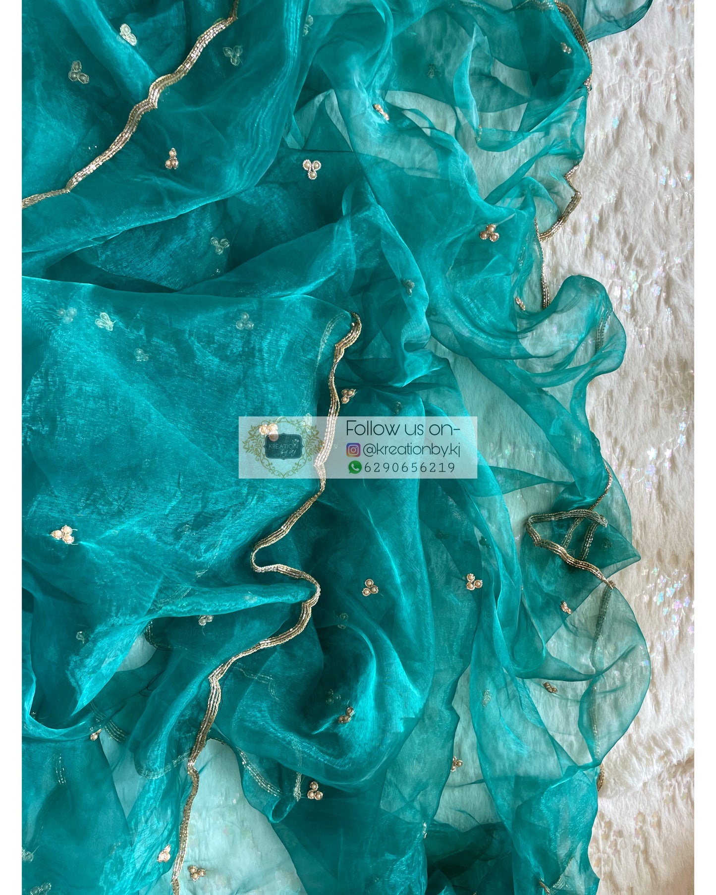 Teal Blue Glass Tissue Dupatta With Scallops - kreationbykj