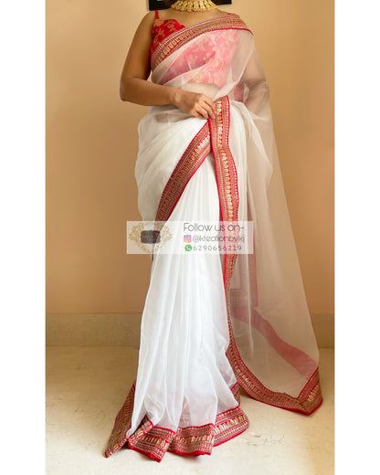 White Organza Saree with Red Border - kreationbykj