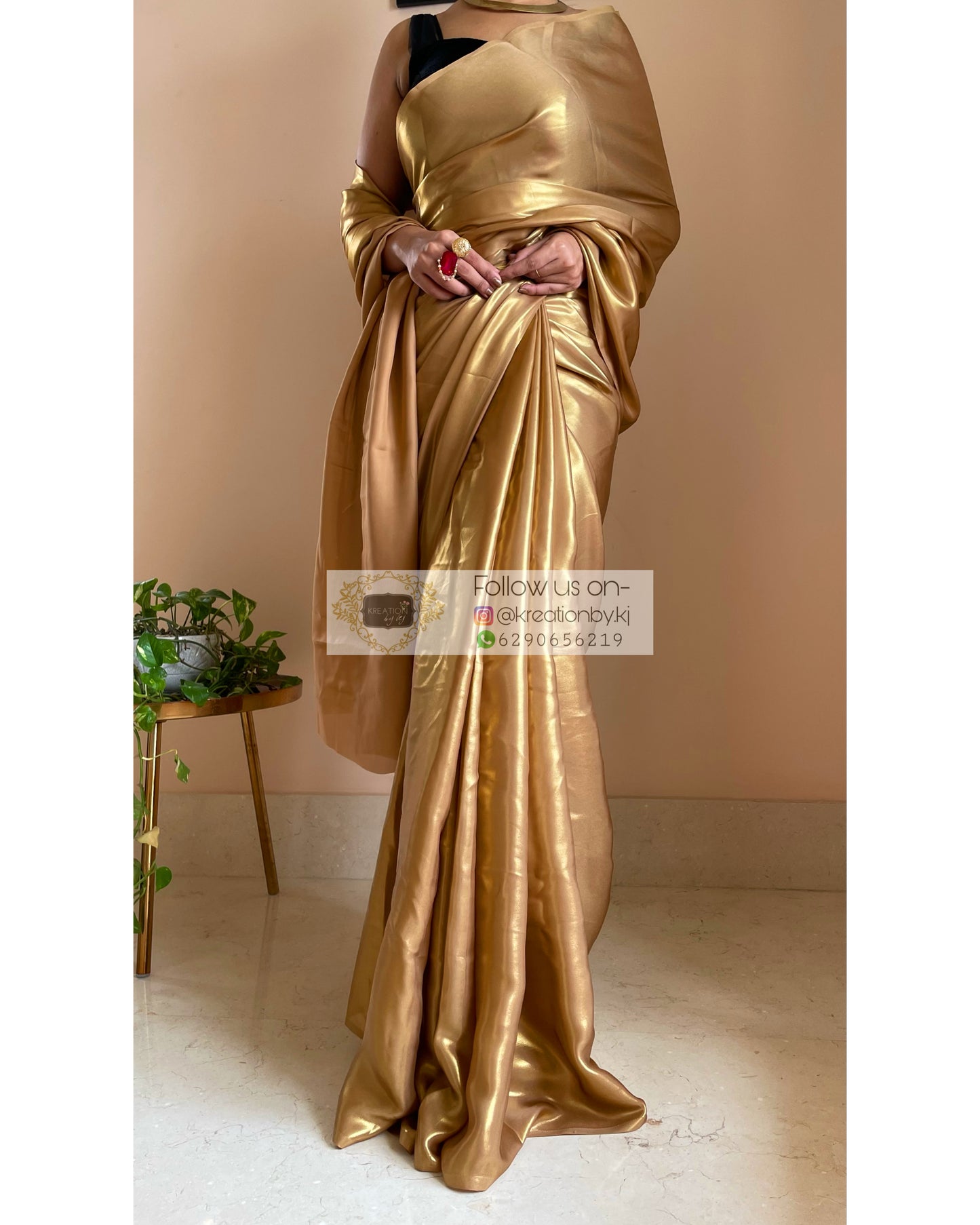 Molten Gold Shimmer Satin Saree - kreationbykj