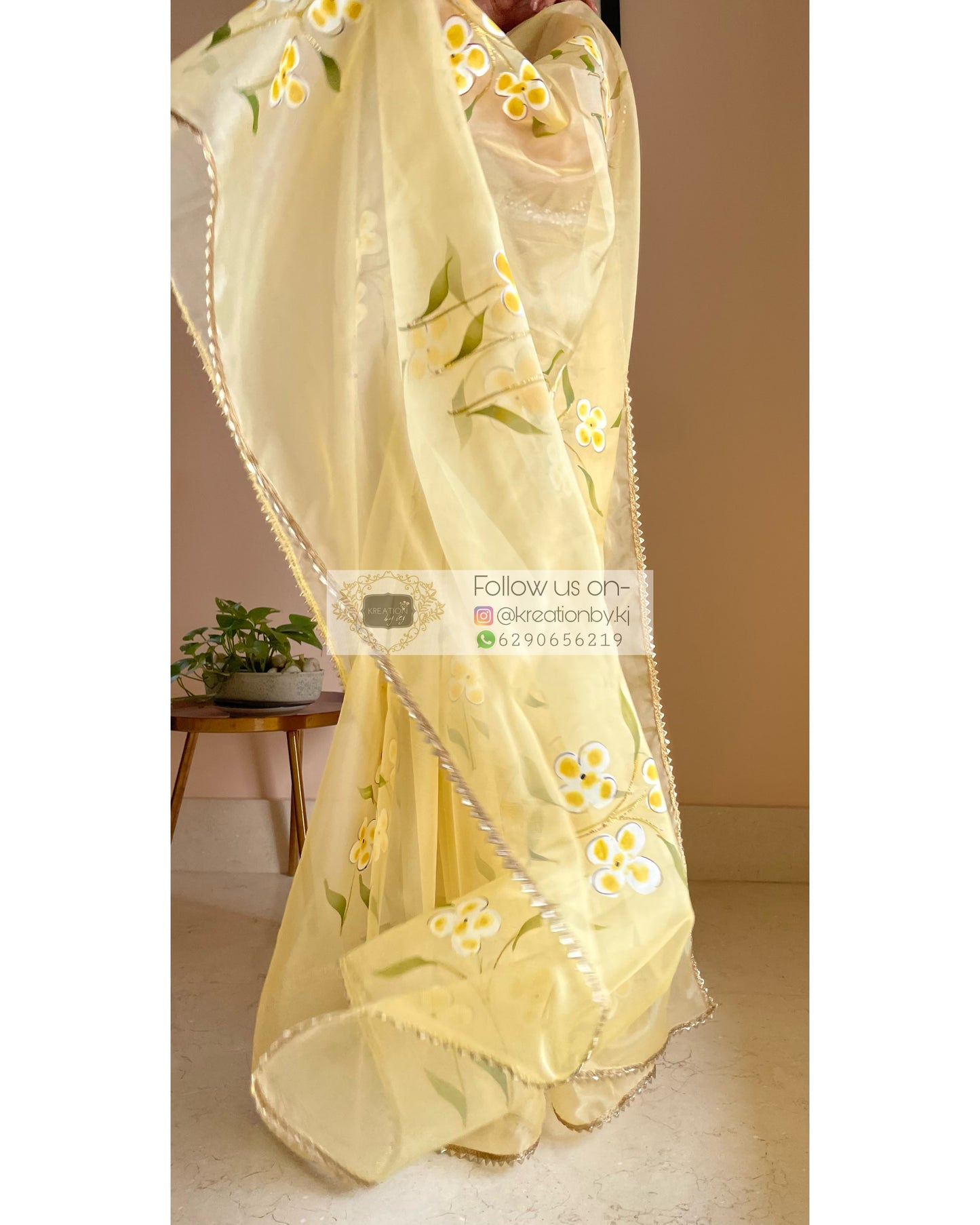 Pastel Yellow Floral Organza Saree - kreationbykj