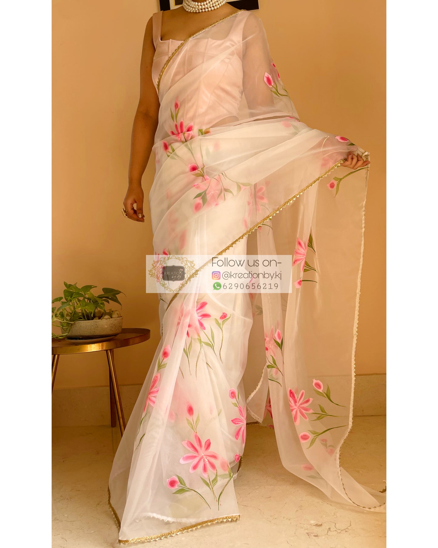 White Floral Organza Saree - kreationbykj