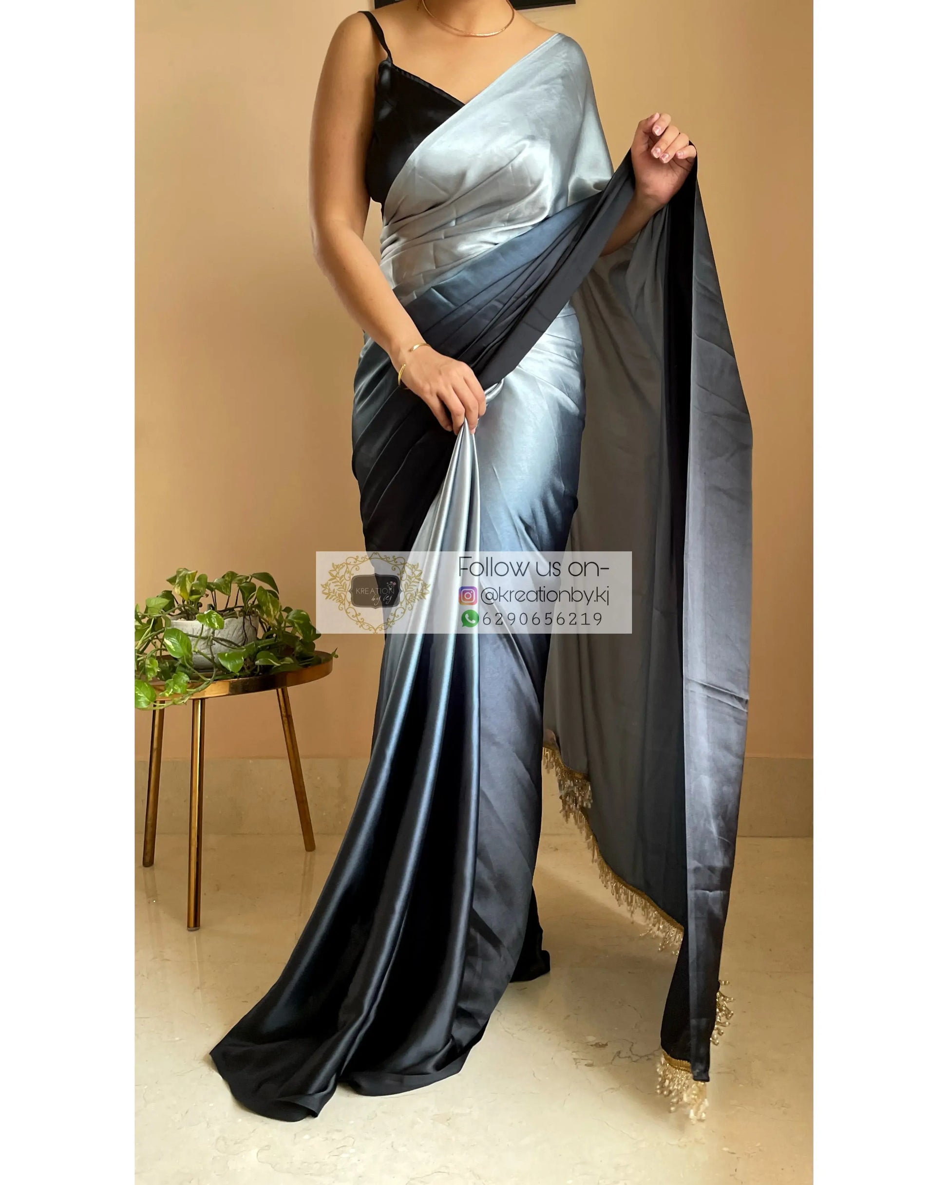 Megh Malhaar Ombré Satin Silk Saree with Handmade Tassels on Pallu - kreationbykj