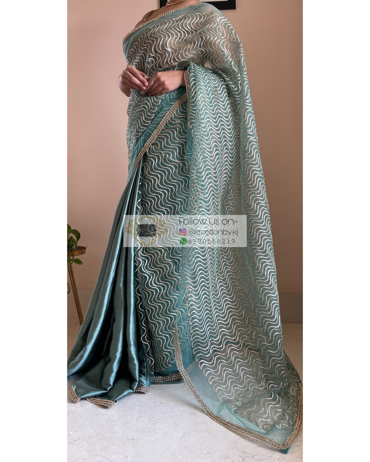 Sage Leher Saree - kreationbykj