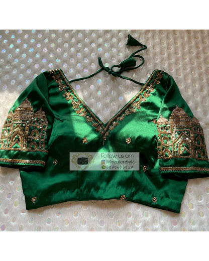 Forest Green Taj Mahal Blouse Piece - kreationbykj