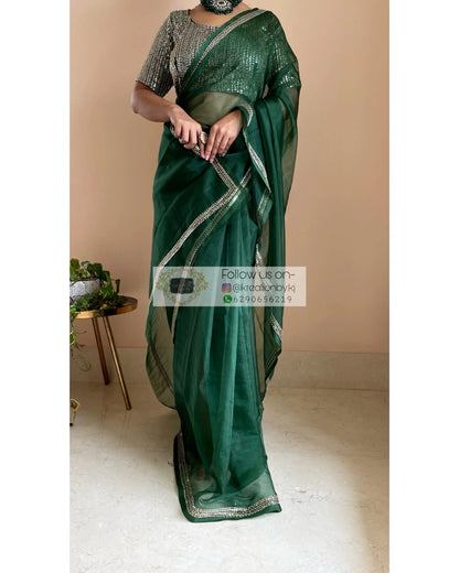 Bottle Green Organza Saree with Heavy Blouse - kreationbykj