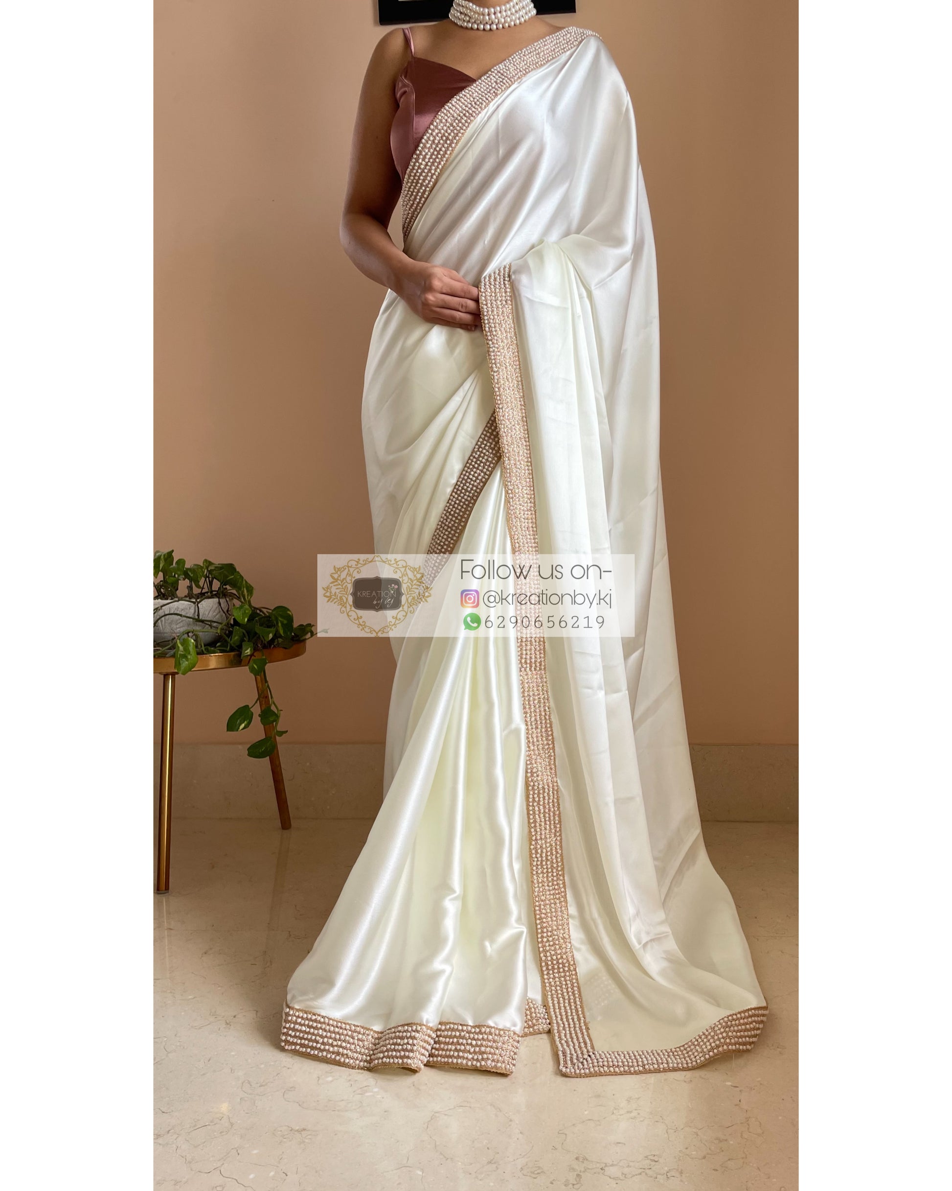 Cream Mother Of Pearl Saree - kreationbykj