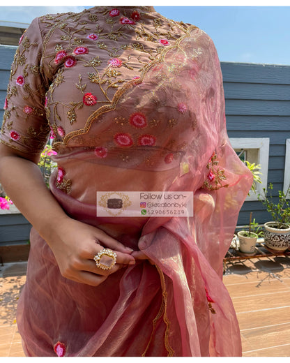 Remember the Roses Rose Beige Glass Tissue Saree - kreationbykj