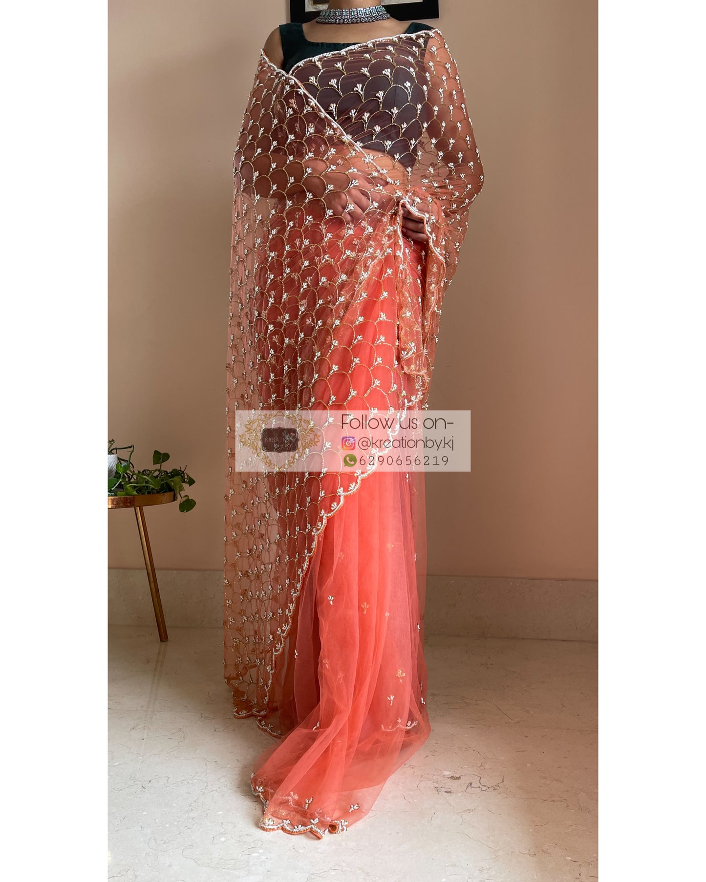 Coral Cutdana Mehraab Jaal Saree - kreationbykj