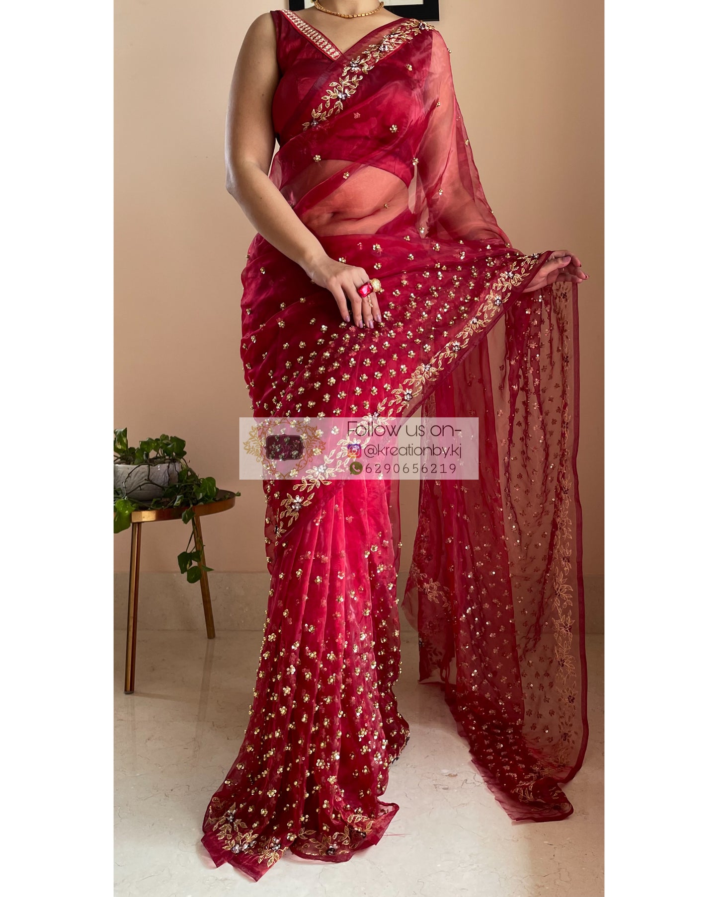 Red Badan pe Sitare Saree - kreationbykj