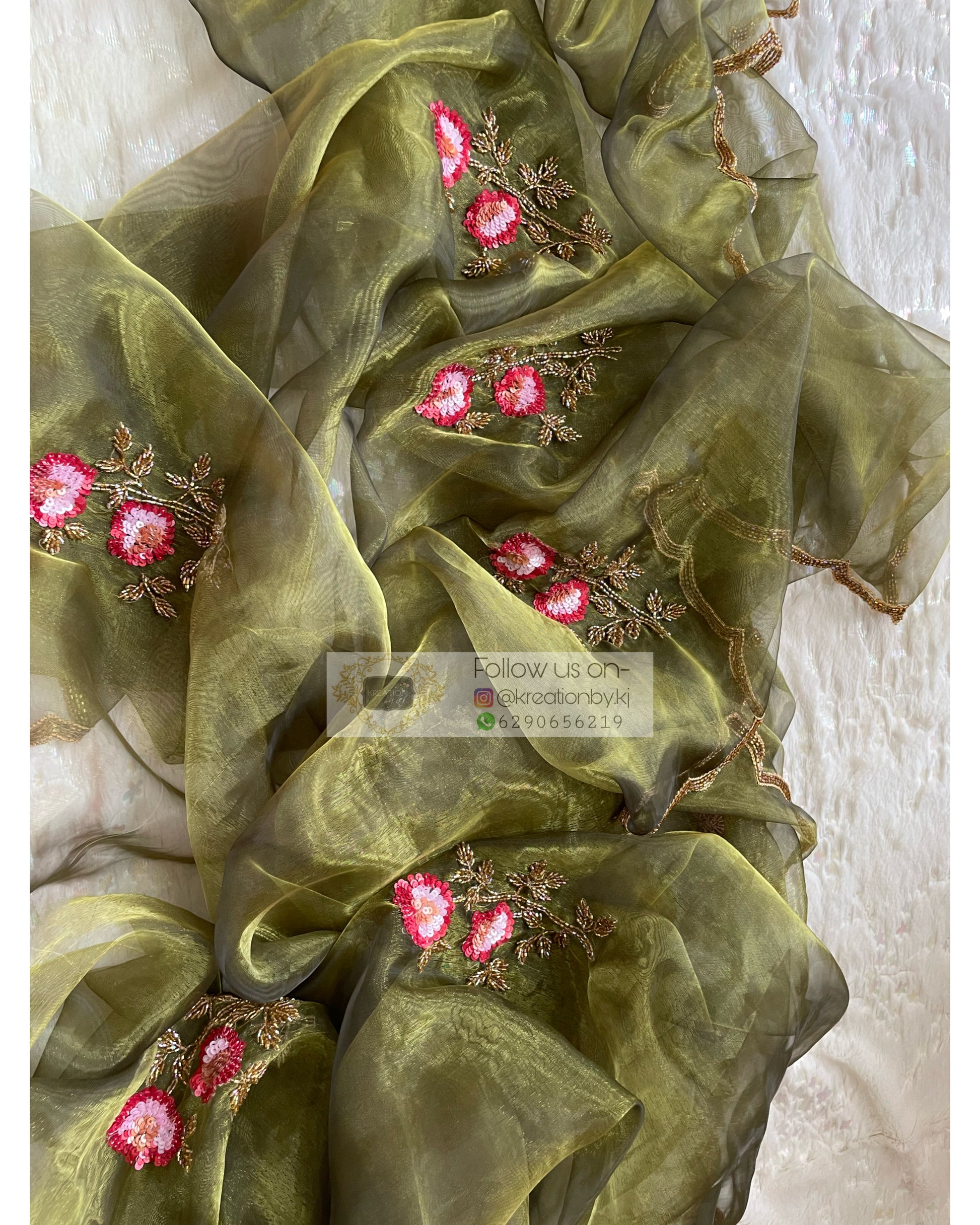 Military Green Rose Dupatta - kreationbykj