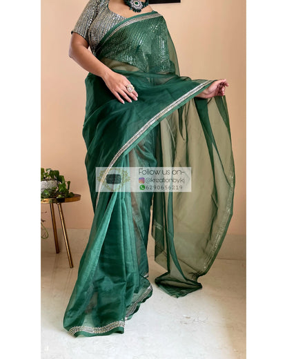 Bottle Green Organza Saree with Heavy Blouse - kreationbykj