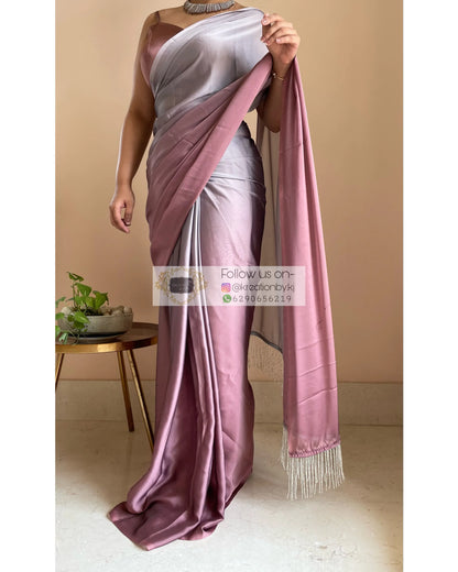 Grey-Rose Gold Ombré Saree withe Handmade Tassels on Pallu - kreationbykj