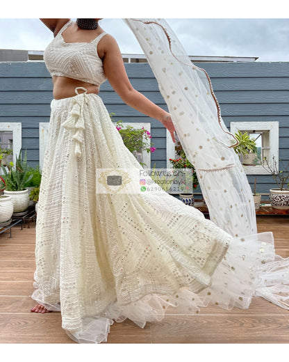 White Sheesh Mahal Lehenga Set - kreationbykj