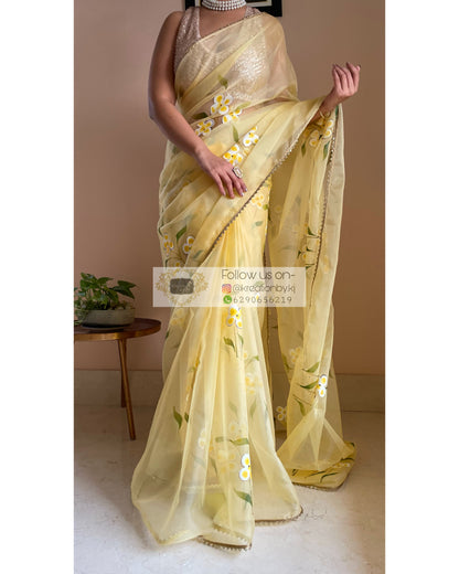 Pastel Yellow Floral Organza Saree - kreationbykj