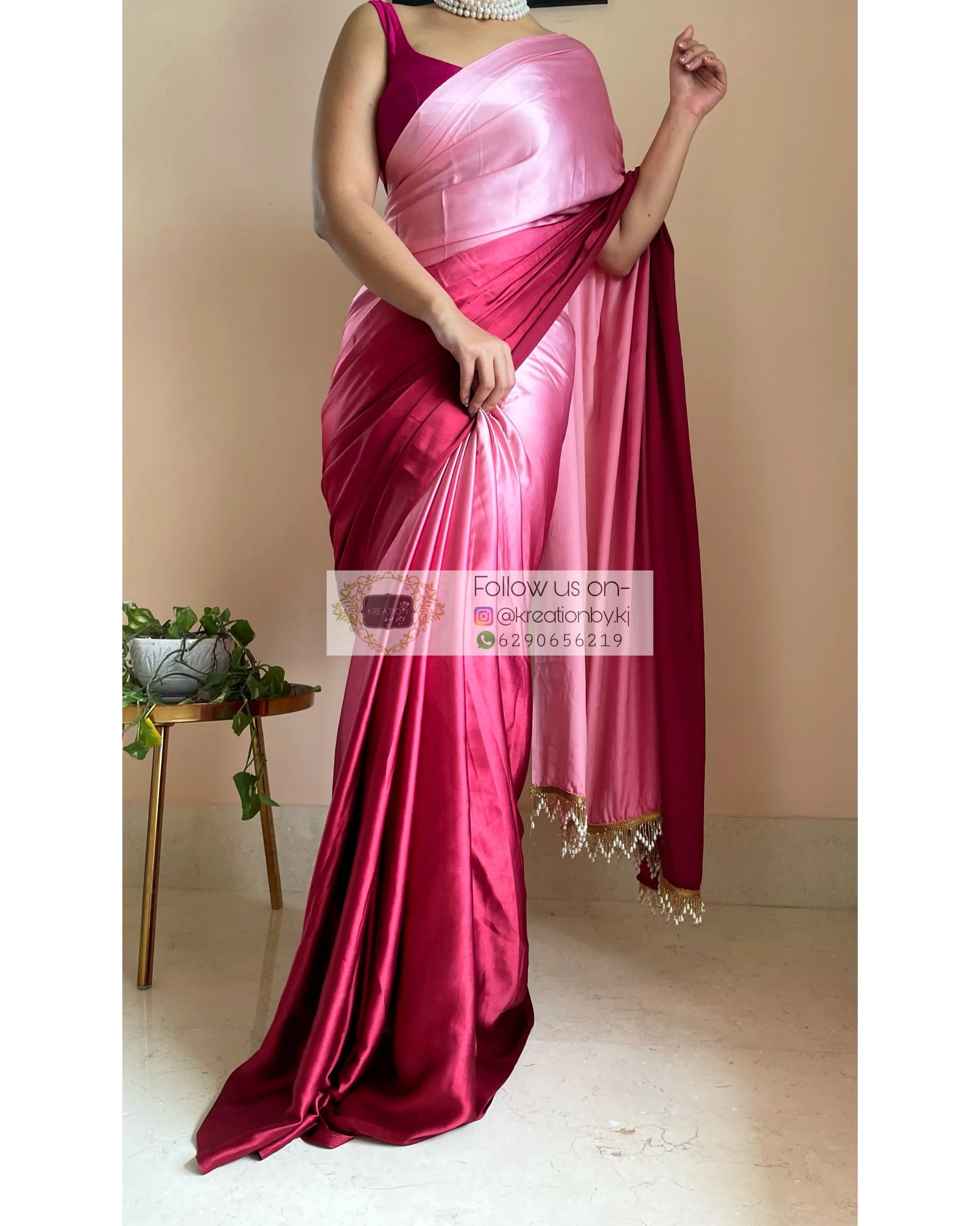 Raspberry Ombré Crepe Silk Saree with Handmade Tassels on Pallu - kreationbykj