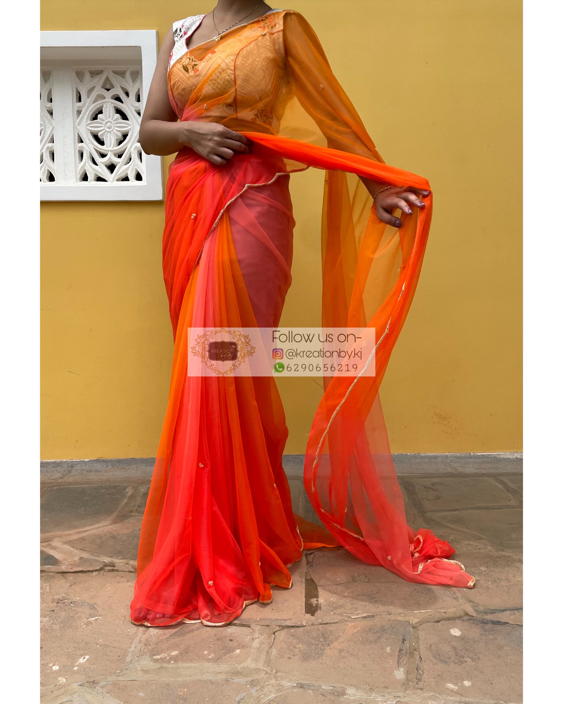 Orange Ombré Net saree with handembroidered scallop - kreationbykj