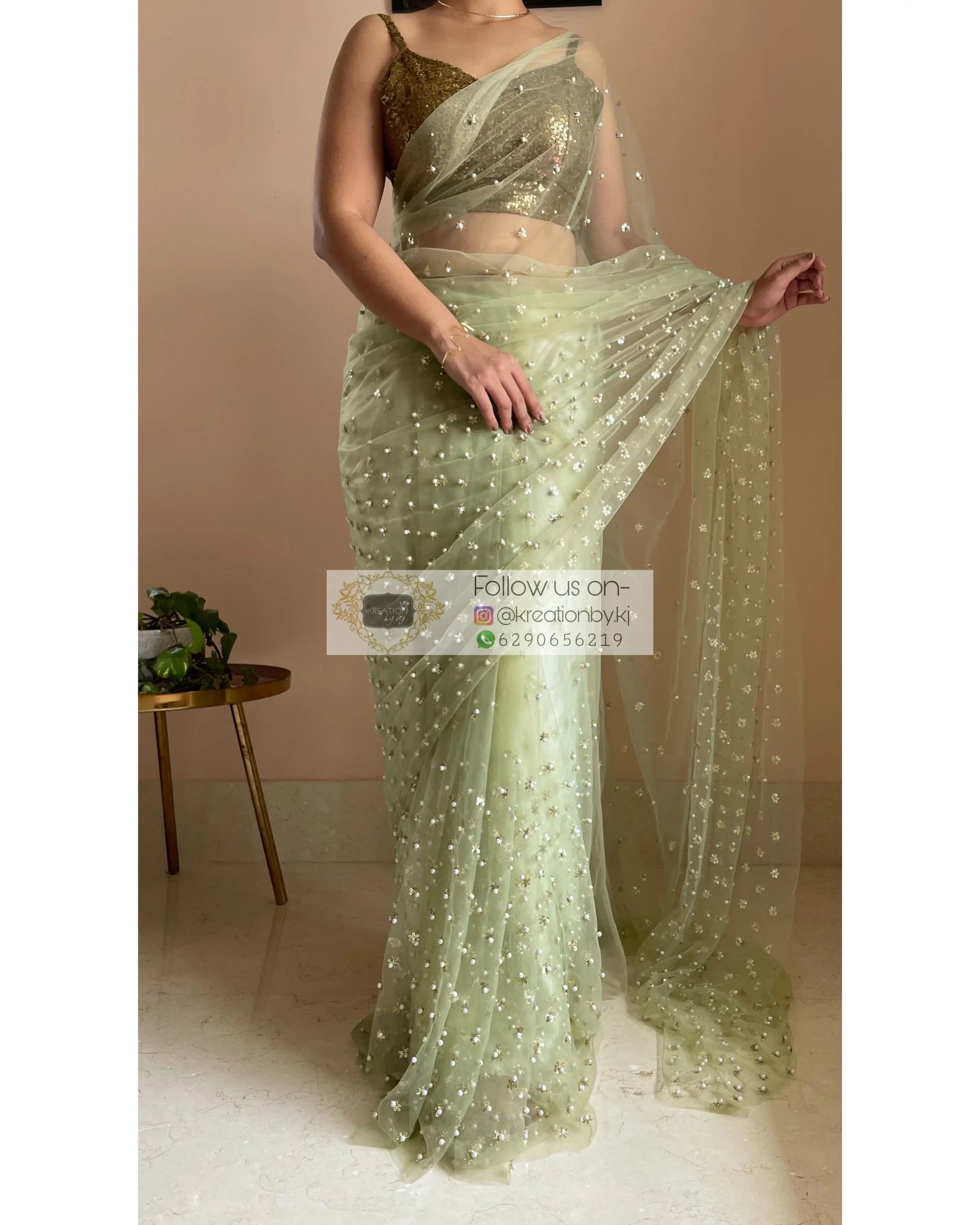 Jugnoo Green Net Saree - kreationbykj