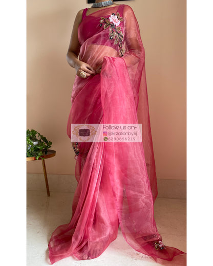 Pink Glass Tissue Saree With Handembroidered Floral Motifs - kreationbykj