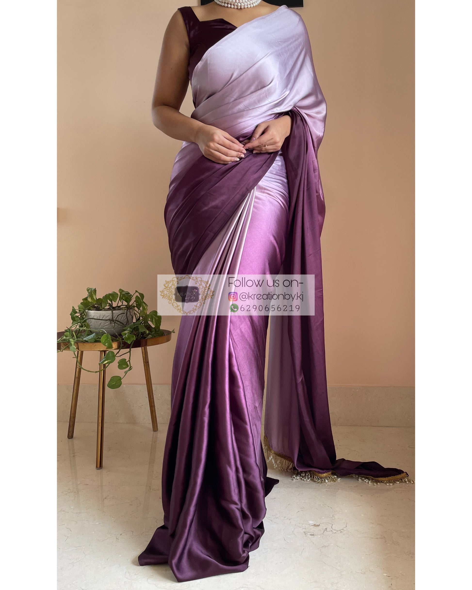 Black Currant Ombré Crepe  Silk Saree with Handmade Tassels on Pallu - kreationbykj