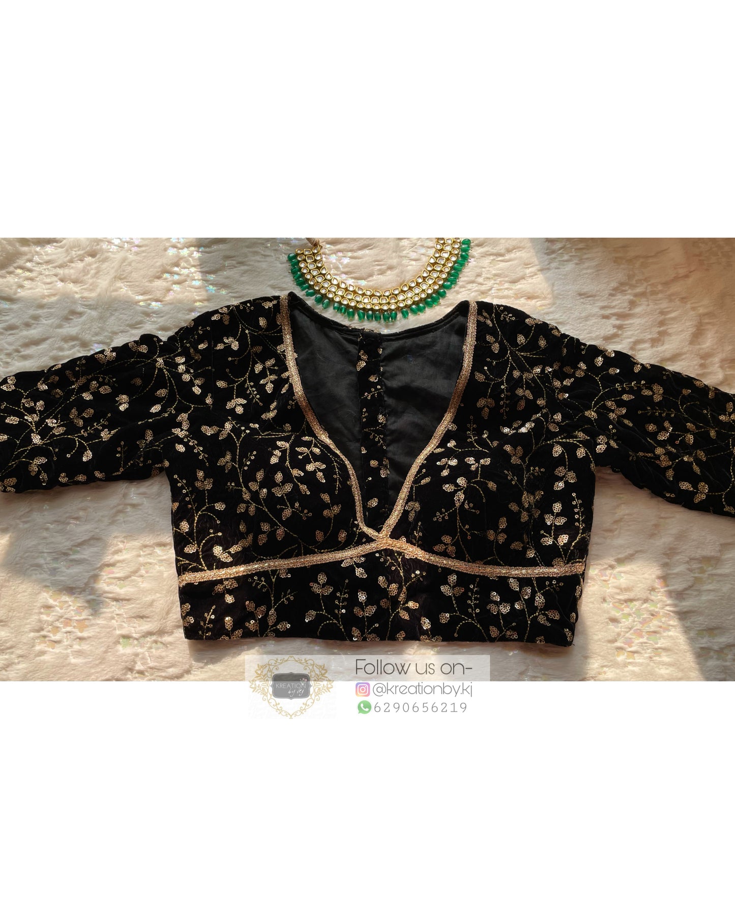 Black Plunging Neck Velvet Blouse - kreationbykj