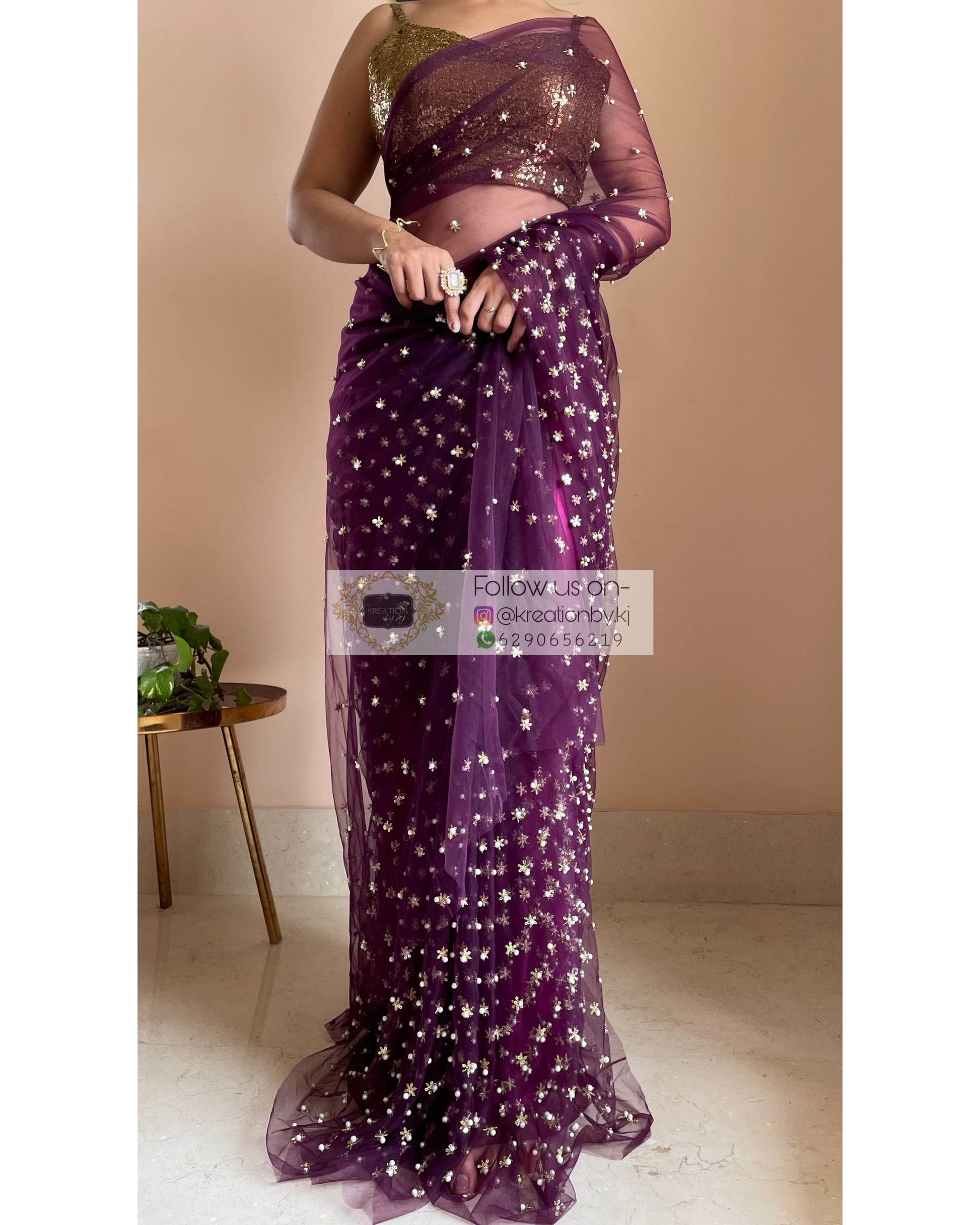 Jugnoo Wine Net Saree - kreationbykj