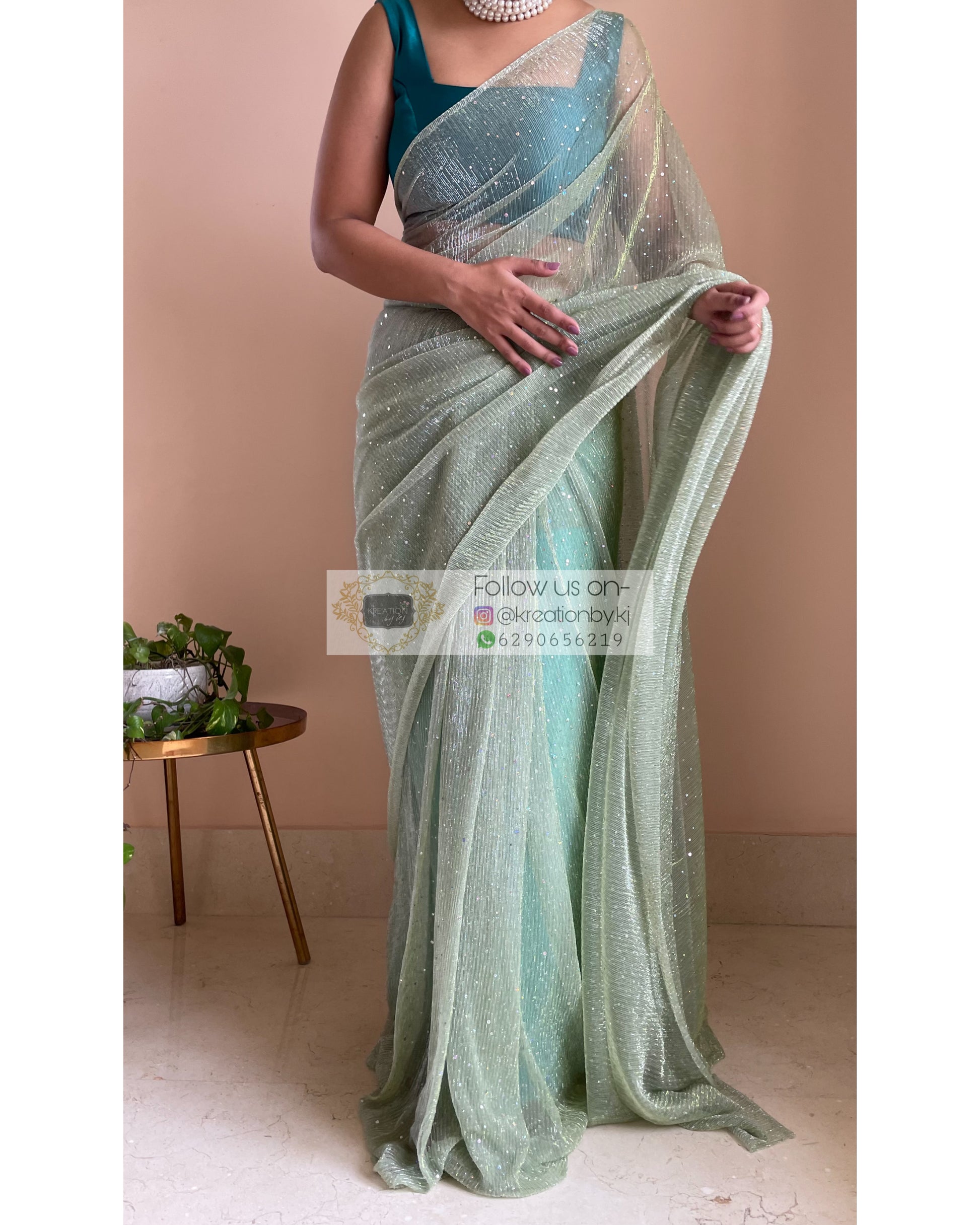 Pastel Green Pleated Shimmer Saree - kreationbykj