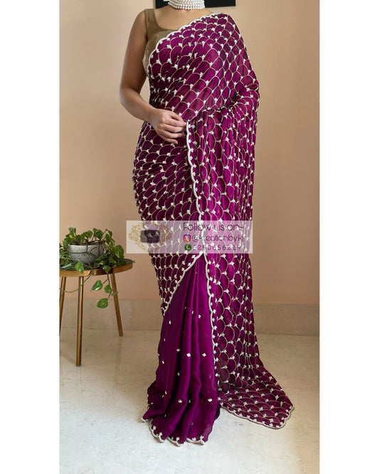 Wine Georgette Cutdana Mehraab Jaal Saree - kreationbykj