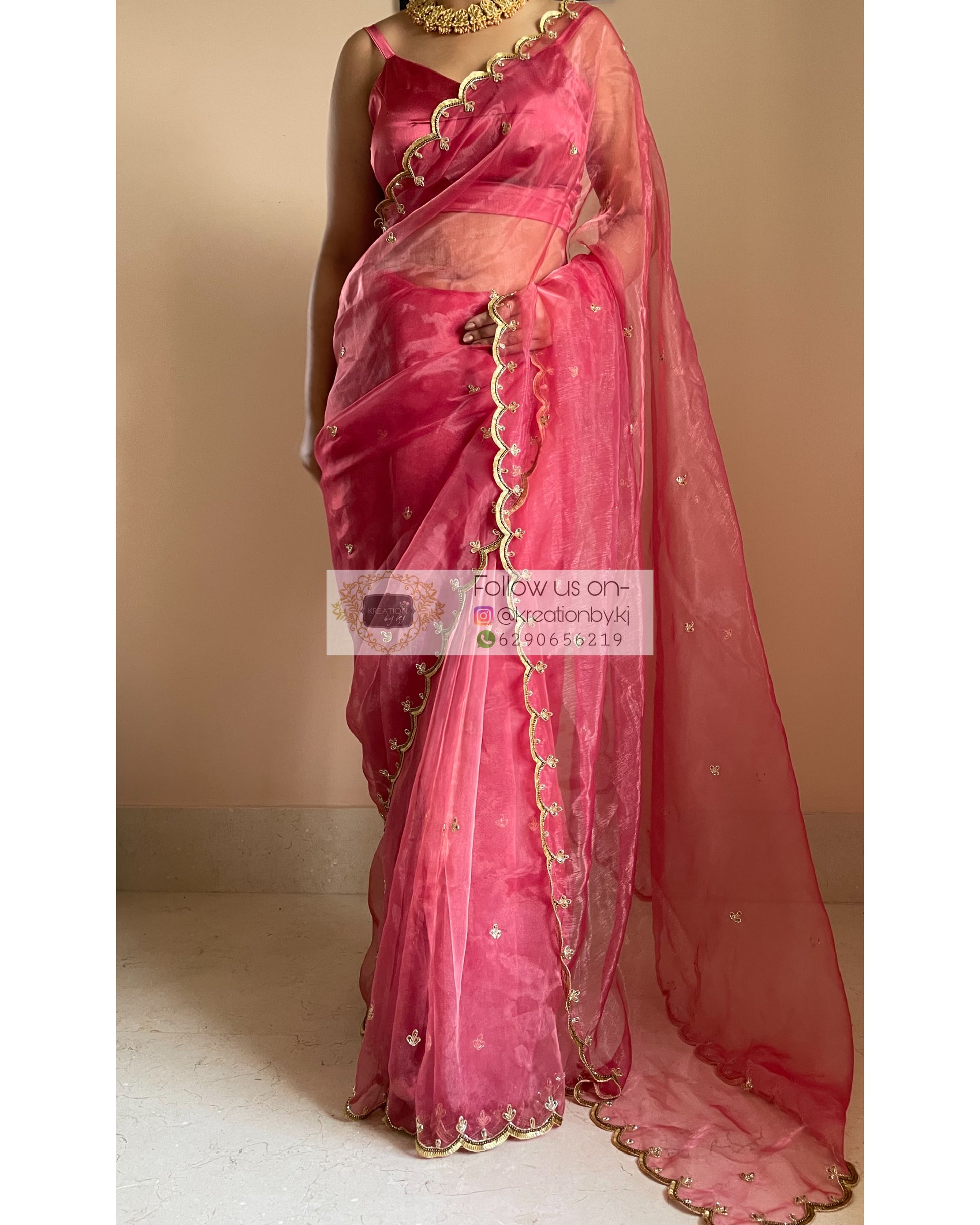 Onion Pink Shimmer Satin Saree – kreationbykj