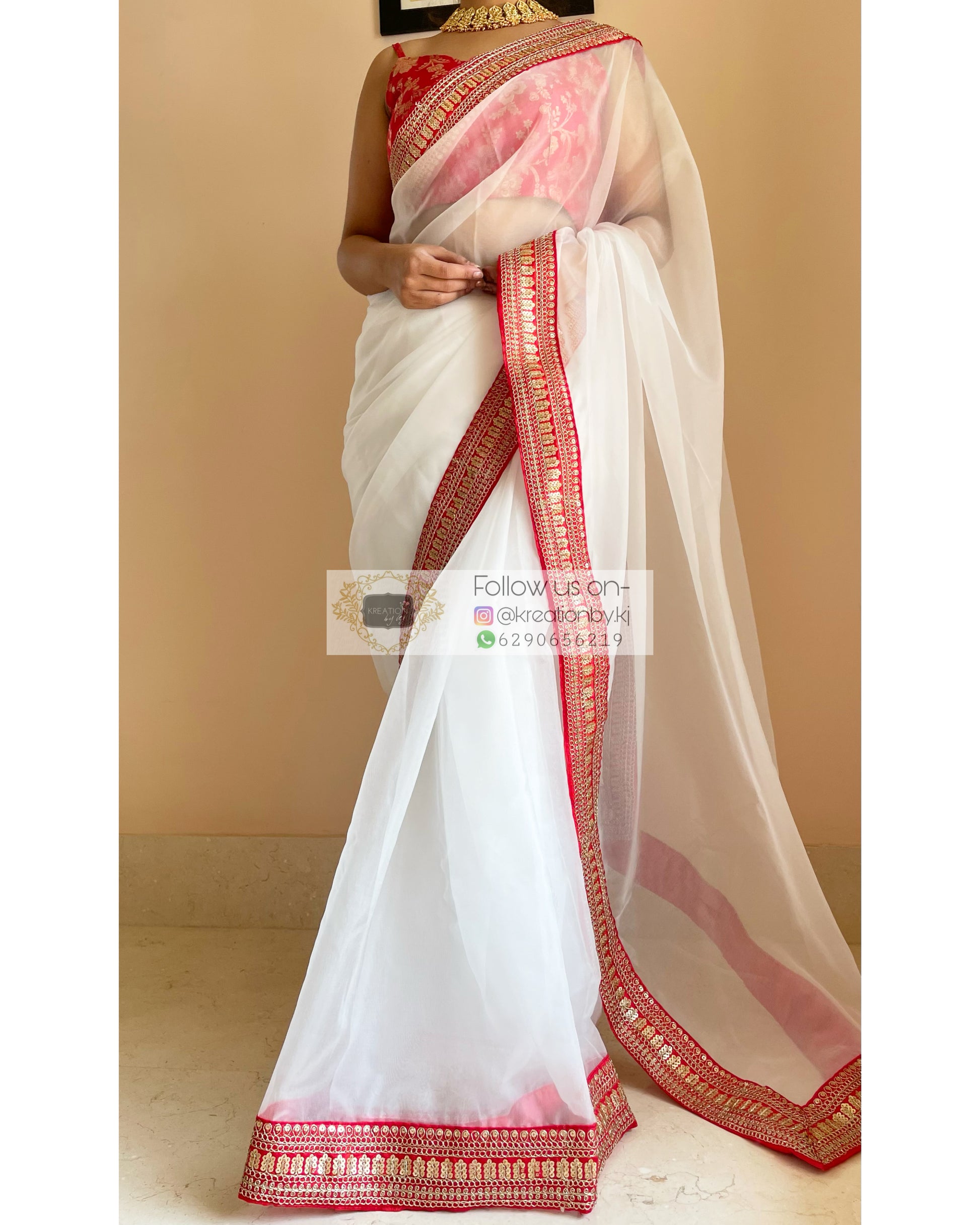 White Organza Saree with Red Border - kreationbykj