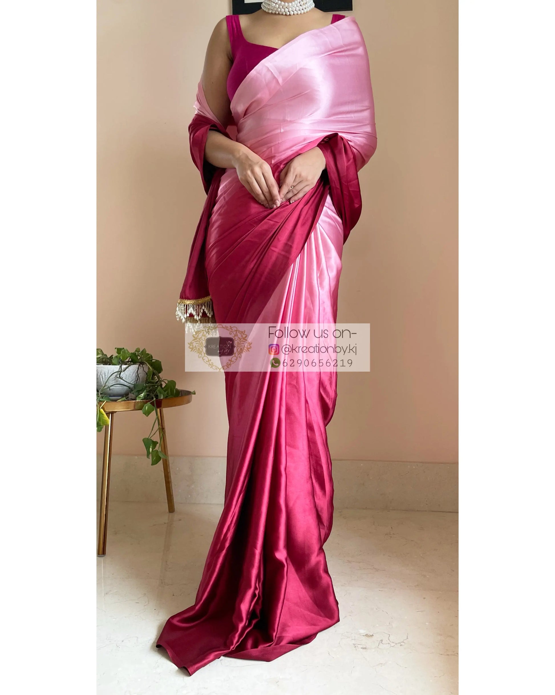 Raspberry Ombré Crepe Silk Saree with Handmade Tassels on Pallu - kreationbykj