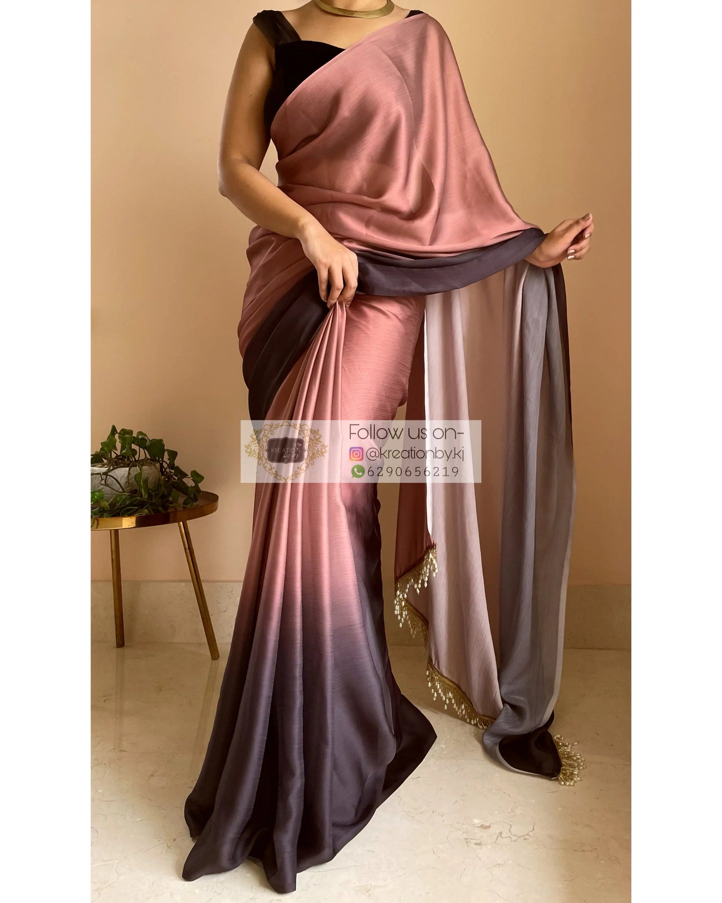 Chai Coffee Ombré Crepe Silk Saree with Handmade Tassels on Pallu - kreationbykj