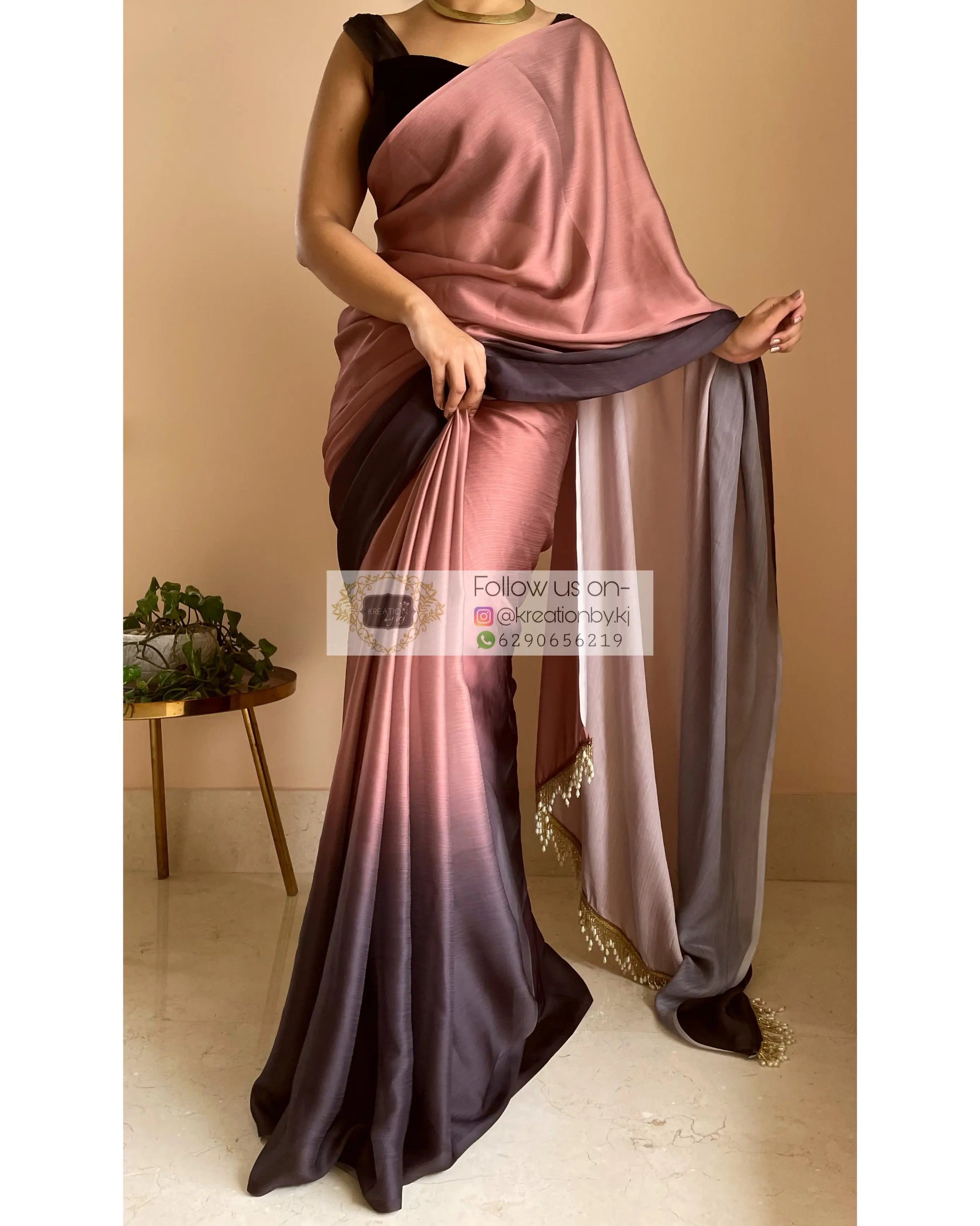 Chai Coffee Ombré Crepe Silk Saree with Handmade Tassels on Pallu - kreationbykj