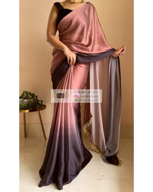 Chai Coffee Ombré Crepe Silk Saree with Handmade Tassels on Pallu - kreationbykj