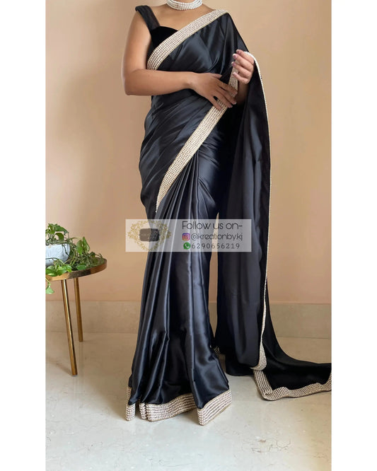 Black Satin silk Pearl Saree with White Pearl bBorder - kreationbykj
