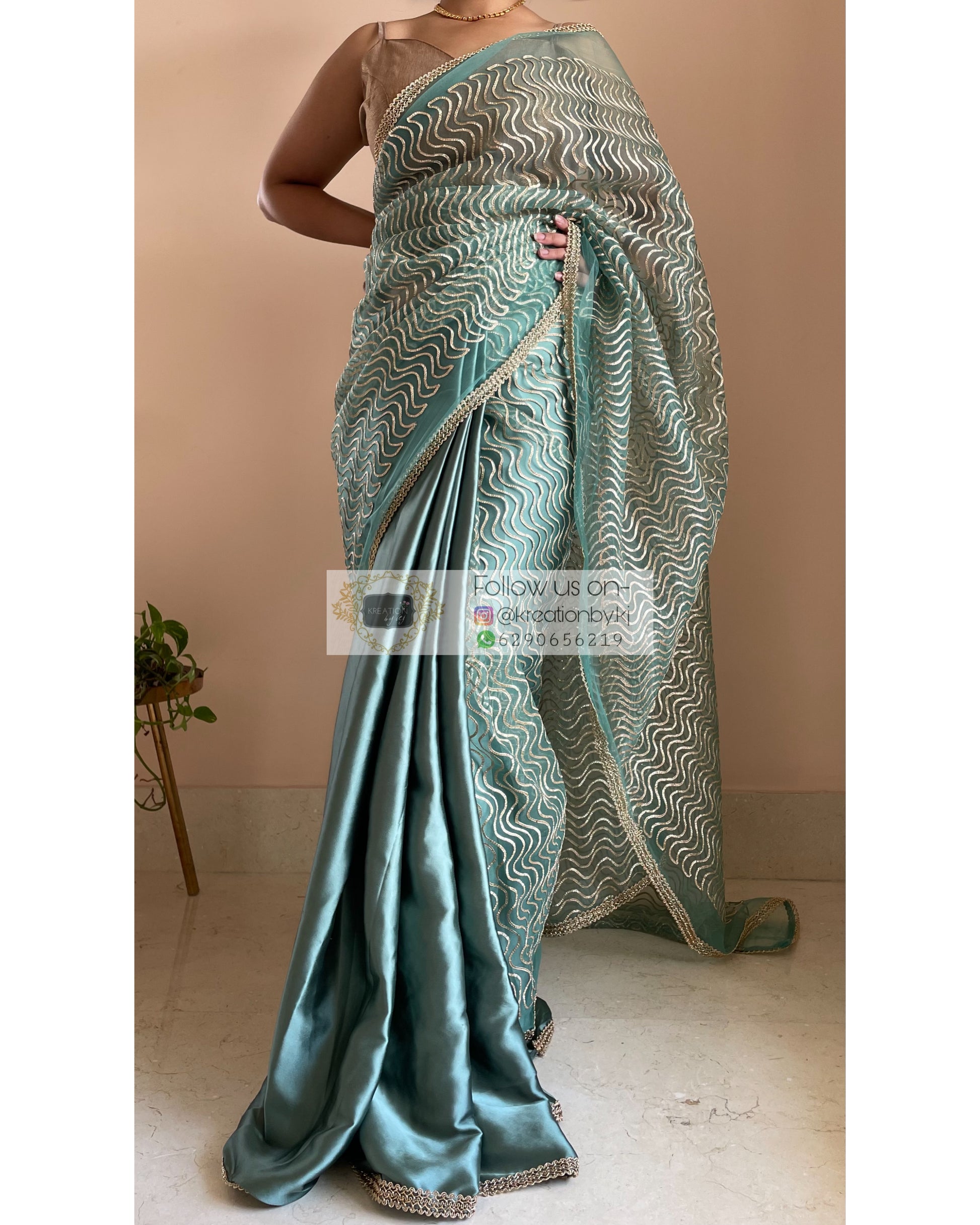 Sage Leher Saree - kreationbykj