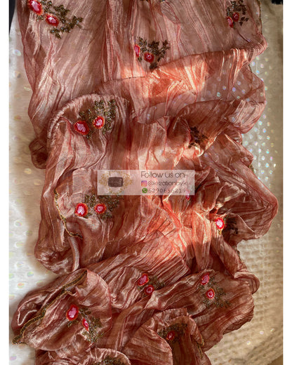 Rose Gold Zari Tissue Rose Dupatta - kreationbykj