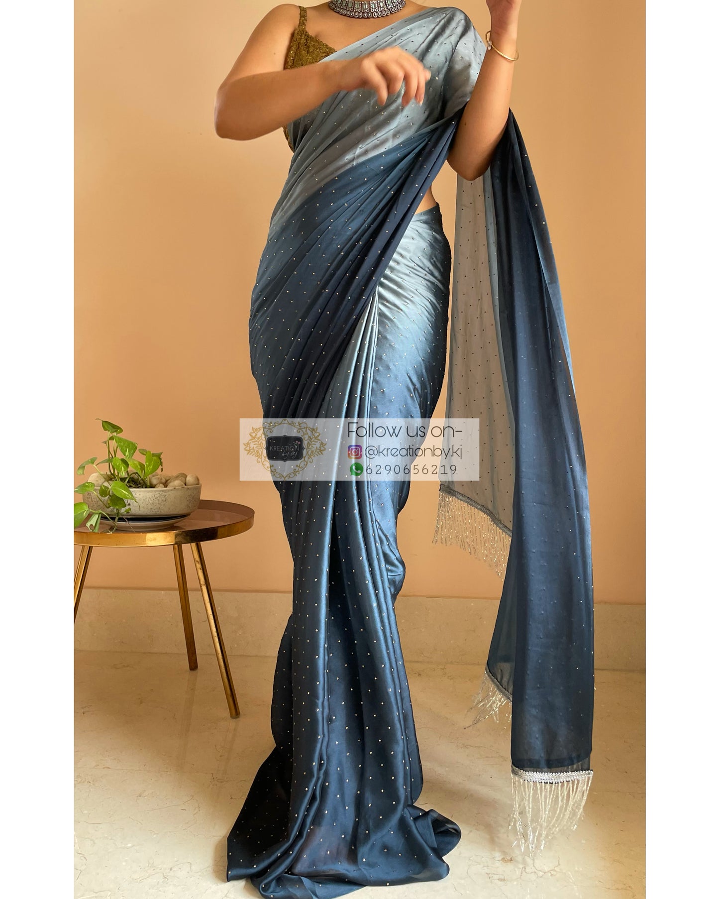 Ombré Midnight Blue Saree with Stone Work - kreationbykj