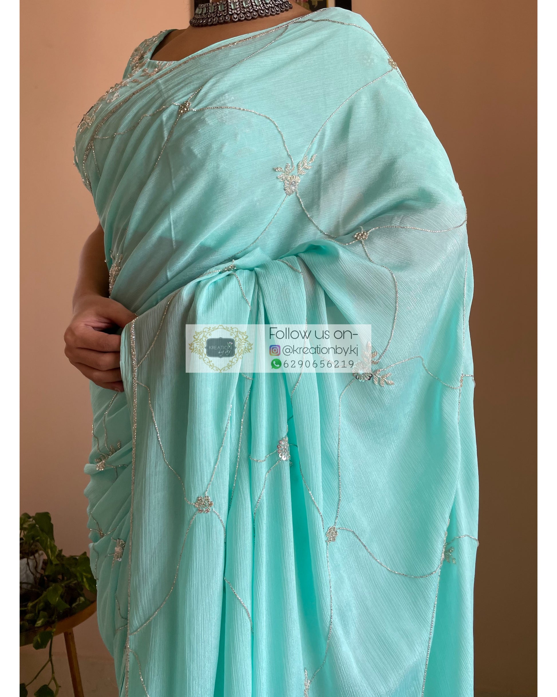 Kashish Turquoise Chinnon Saree - kreationbykj