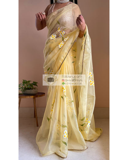 Pastel Yellow Floral Organza Saree - kreationbykj