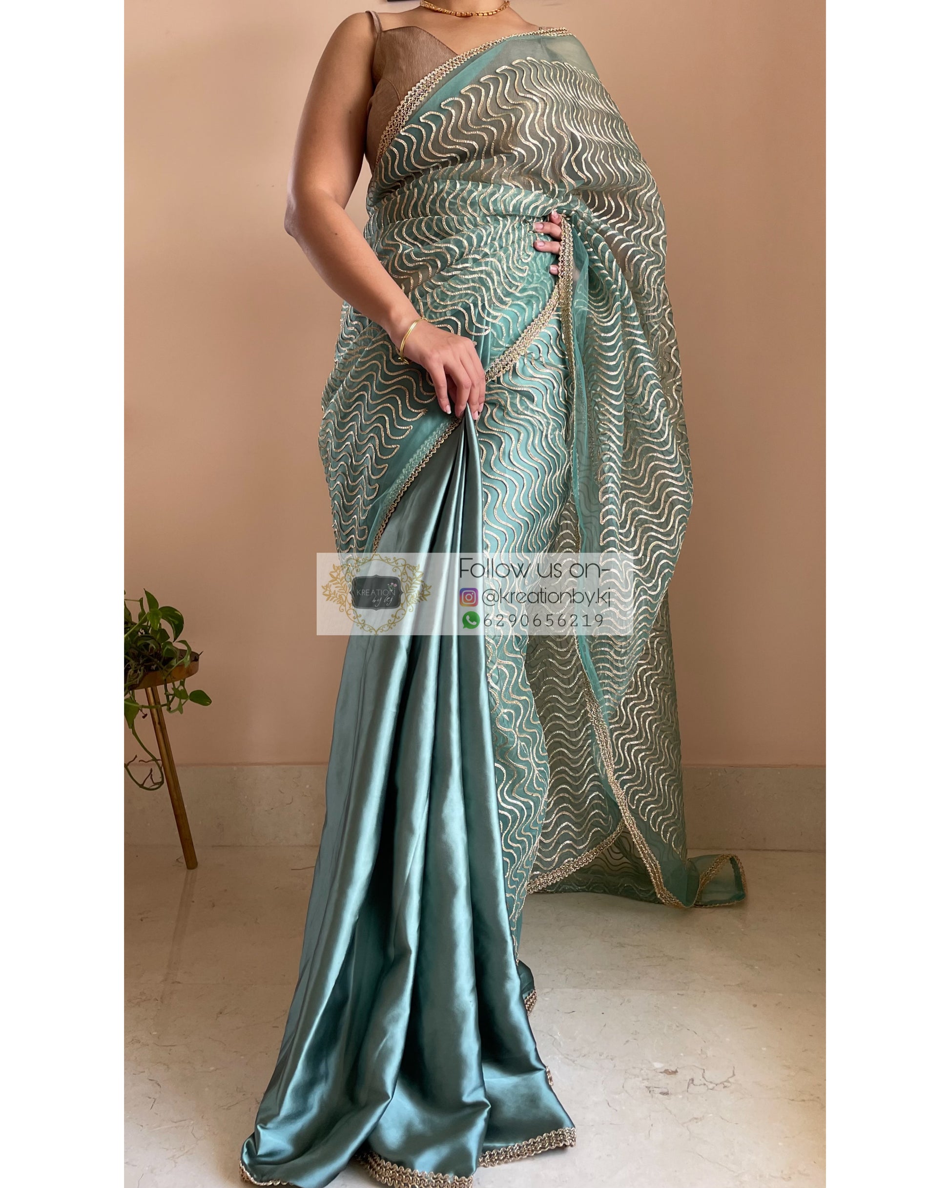 Sage Leher Saree - kreationbykj